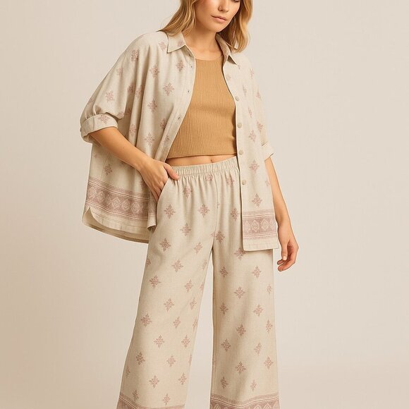 Umgee Tops - UMGEE Linen Blend Blouse Button Down Women's Small Oatmeal Embroidered NWT